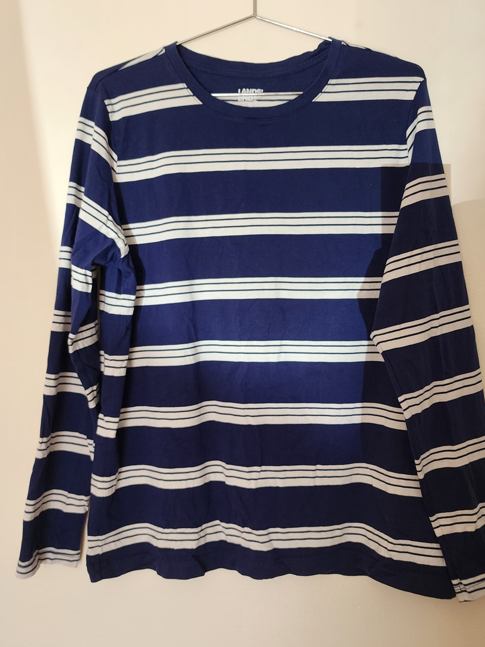 Lands' End Long Sleeve Shirt Unisex Medium Navy White Striped 100% Cotton Layer